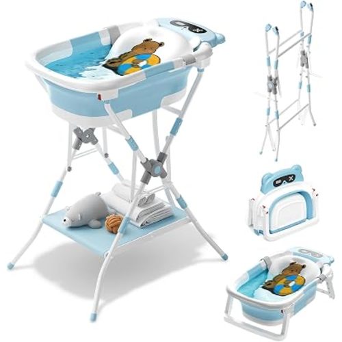 Baby Bathtub with Stand Collapsible Tub with Cushion Standing