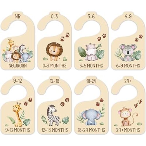 Animals Baby Closet Dividers, Safari 8 Pack Double Sided Nursery Organizer From Newborn to 24 Months, Greenery Jungle Clothes Size Hanger Separators for Boys Girls -02