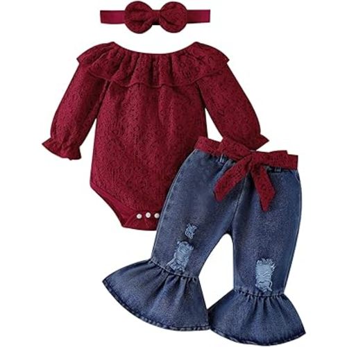FOCUTEBB Baby Girl Clothes Lace Off Shoulder Romper Flare Jeans Pants Headband and Belt 4pcs Outfit 3-24 Months