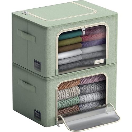 Sorbus Storage Bins with Metal Frame - Stackable & Foldable Clothes Organizer Bags - Oxford Fabric Storage Containers with Large Clear Window & Carry Handles Organization for Bedding Linen & Clothing