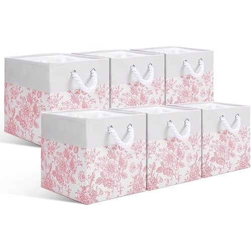 LemonRoad 6 Pcs Pink Floral Cube Storage Bins 11.22 Inch Square Storage Basket with Handle, Preppy Girls Organizer Basket, Collapsible Fabric Box for Classroom Bedrooms Office Home Decoration Gift