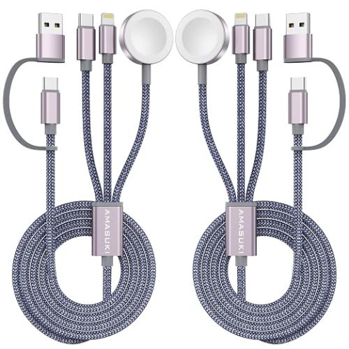 2Pack Travel Essentials,3 in 2 USB C Cable for Apple Watch Charger,iPhone Charger,Multi Charging Cable,Cruise Vacation Camping Essentials for iWatch Series 11-2/Ultra,iPhone 17-12,Car,Grey-6FT