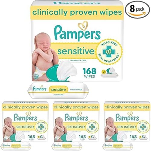 Pampers Sensitive Baby Wipes, Clinically Proven, Fragrance Free, Unscented, Water Based, Hypoallergenic, Multi-Use, Hand Wipes 168 Wipes Total (2X Flip-Top Packs) [Packaging May Vary] (Pack of 4)
