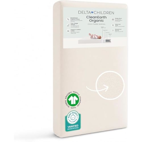 Delta Children CleanEarth Certified Organic Crib and Toddler Mattress – GOTS Certified, Non-Toxic Breathable Baby Mattress - Regulates Temperature, 10-Year Warranty