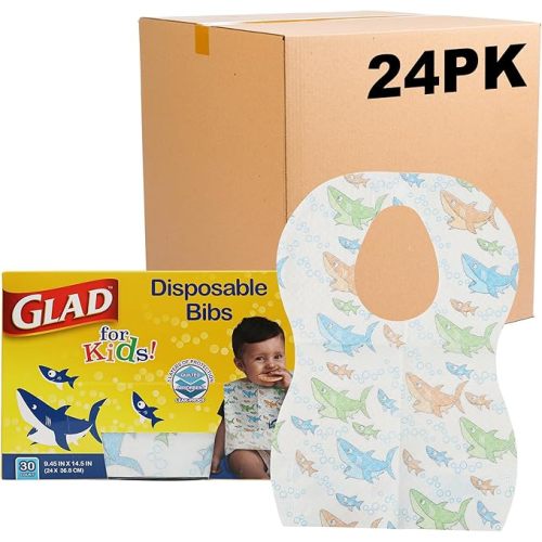 Glad for Kids Shark Disposable Paper Bibs with Crumb Catcher, Absorbent Leakproof Bibs for Toddlers and Babies, Mess Free Feeding, Crafts, Parties, and Travel Use, 30 Count