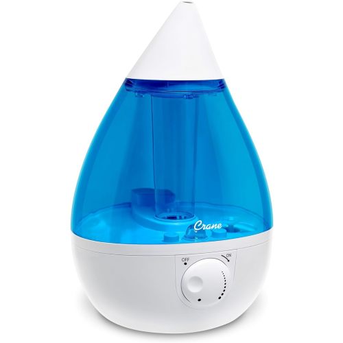Crane Ultrasonic Cool Mist Teardrop Humidifier for Baby Nursery, Bedroom, Office, Large Room, Adjustable Humidity, Auto Shut-Off, Easy Clean Blue & White 1 Gallon
