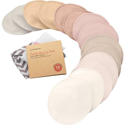 Organic Nursing Pads, 14 Washable Breast Pads,Wash Bag (Neutrals, L 5") | Viscose Derived from Bamboo, Breast Pads for Breastfeeding, Reusable Nipple Covers, Breastfeeding Essentials, Soft, Absorbent