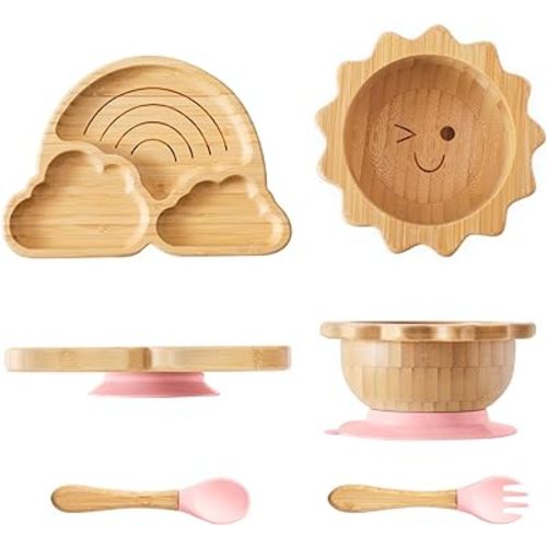 Bamboo Suction Plates Bowls Set for Baby Toddler Divided Platter Food bowl with Silicone Fork & Spoon All-Natural Baby Feeding Set for Baby-Led Weaning, Non-Slip Design