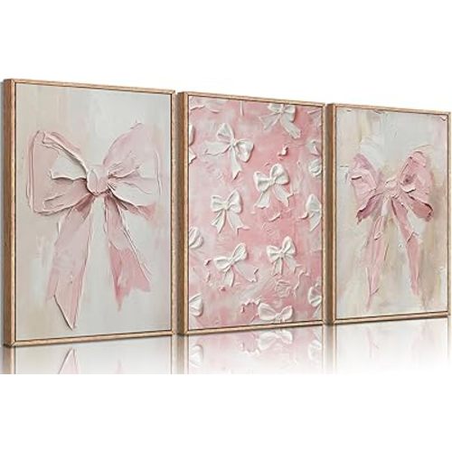 3Pcs Trendy Pink 3D Bows Textured Canvas Wall Art Vintage Cute Preppy Watercolor Bows Painting Pictures Wall Decor Posters Prints Girly Aesthetic for College Apartment Bedroom Decoration Unframed
