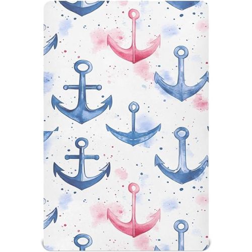 Blue Pink Anchor Pattern Fitted Baby Crib Sheets for Baby Boys Girls, Infant Nursery, Toddler Room