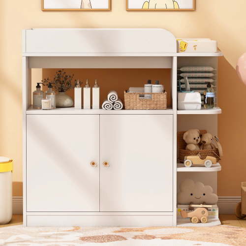 makeapile dresser with changing table,Nursery 4 Open Shelves Plus Double-Door Cabinet, Multifunctional baby changing table, White