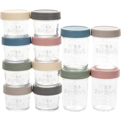 WeeSprout Glass Baby Food Storage Jars w/ Lids (4/8 oz, 12 Pack Set) Snack, Reusable Small Containers, Breast Milk, Fridge, Freezer, Microwave & Dishwasher Safe, Essential Must Have for Infants