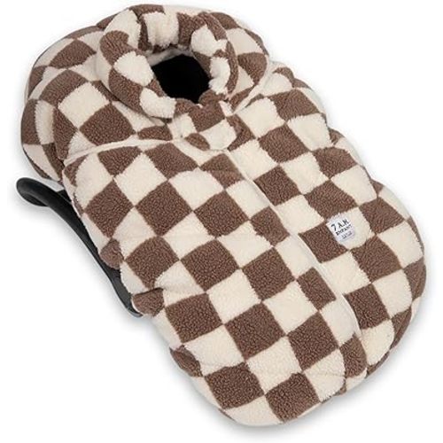 7AM Enfant Car Seat Covers - Cocoon Baby Cover for Boys & Girls, Rain & Snow Repellent, Breathable Windproof, Center Zipper, Universal Fit for Infant Car Seat (0-12M) (Print Checkers Tan)