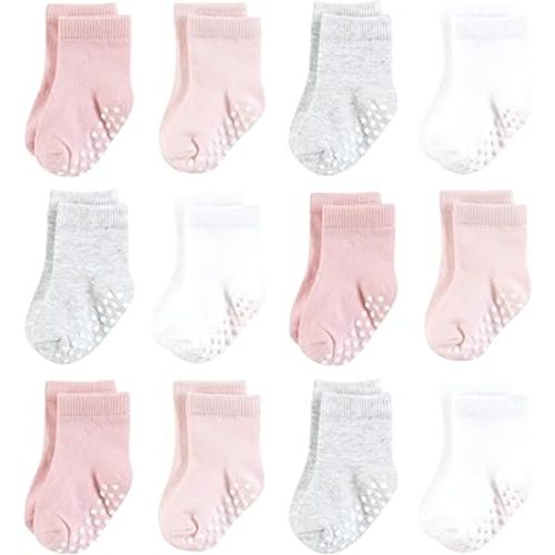 Hudson Baby Infant Girl Cotton Rich Newborn and Terry Socks, Pink Gray Basic, 6-12 Months