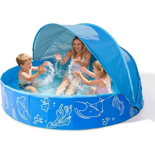 Hikiddy Foldable Kiddie Pool with Canopy for Kids Family: Portable for Outdoor Backyard Beach - for Baby Toddler Pet - Summer Water Play Pool with Shade, 63in, Blue-Blue