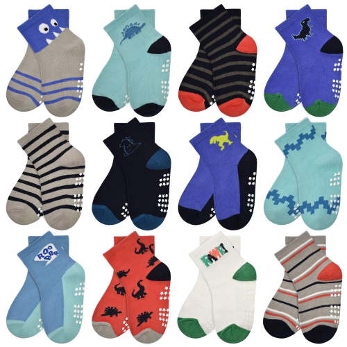 ELUTONG Toddler Socks with Grips Boys Non Slip Anti Skid Crew Socks 12 Pairs Baby Kids Children Cartoon Pattern
