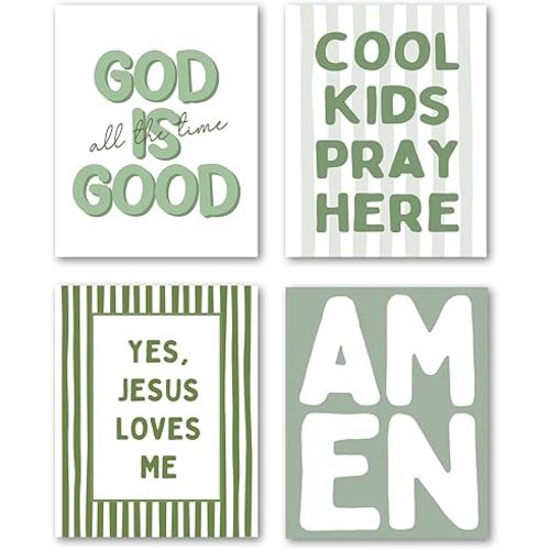 XWELLDAN Sage Green Christian Nursery Wall Art Decor, Religious Poster Wall Art Decor for Kids Prayer Room Nursery, 8x10 Unframed Set of 4