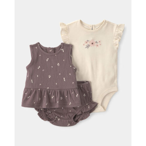 Baby Girl 3-Piece Floral Top, Bodysuit & Short Set - Brown/Ivory | Carter's