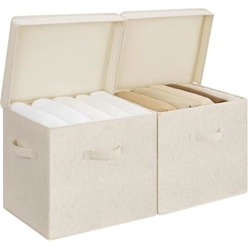 StorageWorks Storage Bins with Lid, Decorative Fabric Storage Bins with Handles, Stackable Closet Organizers for Shelves and Bedroom, Large, Beige(Natural Fabric), 2-Pack