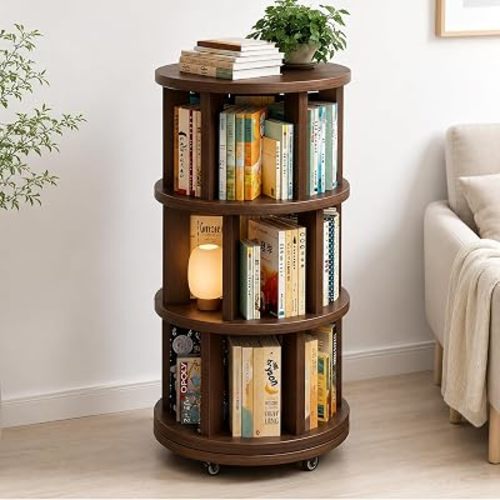 3 Tier Rotating Bookshelf Tower, 360° Wooden Spinning Bookcase with Brake Wheels, Floor Standing Book Shelf for Small Space, Anxiety Bookshelf for Home Office Study Room Living Room, Brown