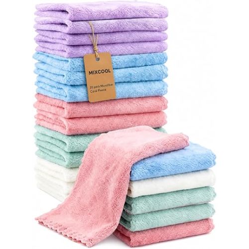 20 Pack 10x10 Inches Microfiber Coral Fleece Baby Washcloths,Extra Absorbent,Soft Wash Clothes,Bath Face Towel for Newborn,Infant and Toddlers (Muticolor)