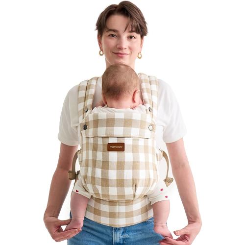 Momcozy Baby Carrier with Natural Cotton Linen, Built to Last, Ergonomic Design, Lightweight and Comfortable, Hands-Free for Moms&Dads, Brown Checkerboard