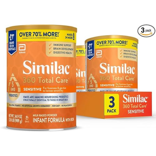 Similac 360 Total Care Sensitive Infant Formula for Fussiness & Gas Due to Lactose Sensitivity, Has 5 HMO Prebiotics, Baby Formula Powder, 34.9-oz Value Can, Pack of 3