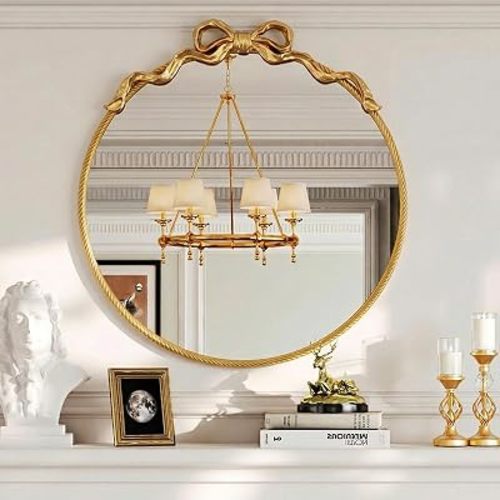 CozyDH Round Mirror for Wall Decor - Bow Retro Gold Circle Wall Mirror, 28"X30" Large Baroque Traditional Metal Ornate for Vanity Entryway, Fireplace, Living Room, Hallway, Bathroom