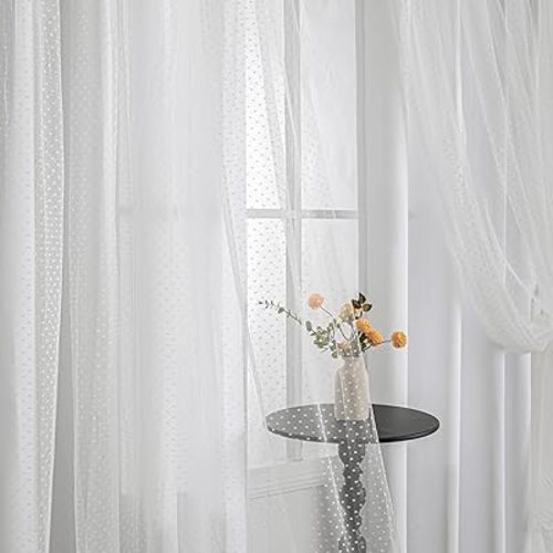 MYSKY HOME White Curtains for Girls Bedroom & Nursery Kids Cute Curtains Double Layer with Polka Dots Sheer, Grommet Tops, 52x84 Inch Each Panel, 2 Panels