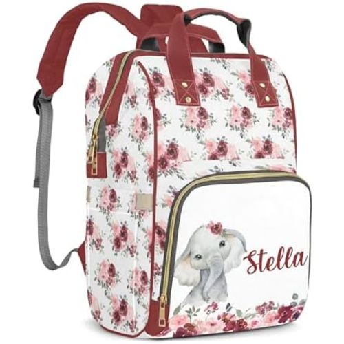 Customizable Large Capacity Diaper Bag Personalized Name, Red Color Elephant Waterproof Multi-Function Mommy Bag with Thermal Pockets for Girls，Elephant