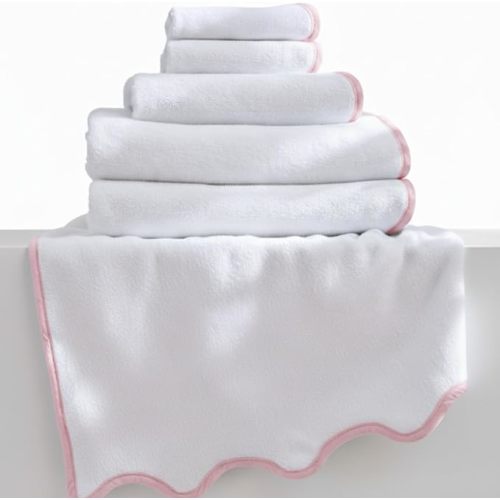 Lotus Linen Scallop Piping Towel Set of 6, 620 GSM 100% Zero Twist Cotton, 2 Bath, 2 Hand Towels, 2 Washcloths, Hanging Loops, Soft Absorbent Bathroom Essentials (Pink Piping, Towel Set (Pack of 6))