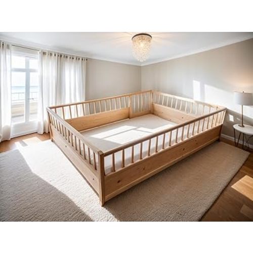 DNYN Full Size Floor Bed & Wooden Montessori Bedframe with Door & Fence Design for Kids Bedroom,Easy Assemble & Super Save Space & No Box Spring Needed,for Boys and Girls, Natural
