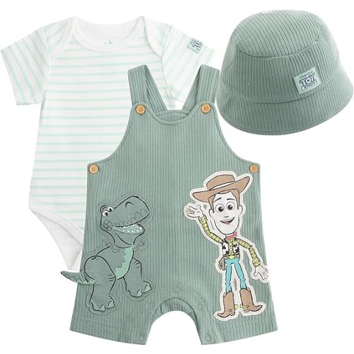 Disney Toy Story Mickey Mouse Pooh Baby Boys Shortall French Terry Overalls Bodysuit and Bucket Hat 3-Piece Set For Infants