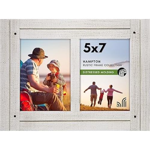 Americanflat Hinged 5x7 Double Picture Frame with 2 Photo Openings and Polished Glass - Distressed Wood Collage Picture Frames for Tabletop and Wall Display - Hampton Collection - Aspen White