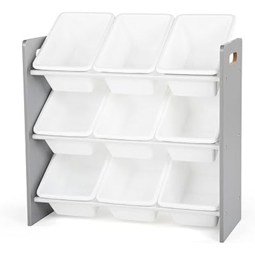 Humble Crew Toy Storage Organizer with 9 Removable Storage Bins for Kids Playroom, 3-Tier Toddler Toy Organization and Storage, Grey/White