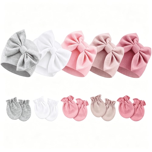 TELOLY Newborn Baby Girls Hats Mittens Set Hospital Hat Beanie Infant Bow Hats Baby Cotton Gloves No Scratch Mittens