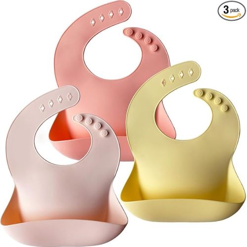 Moonkie Silicone Baby Bibs Set of 3, BPA Free Waterproof Baby Bibs for Eating, Adjustable Silicone Bibs for Babies 6-12 Months, Toddler Bibs with Pocket Food Catcher (Pink/Pastel Yellow/Soft Pink)