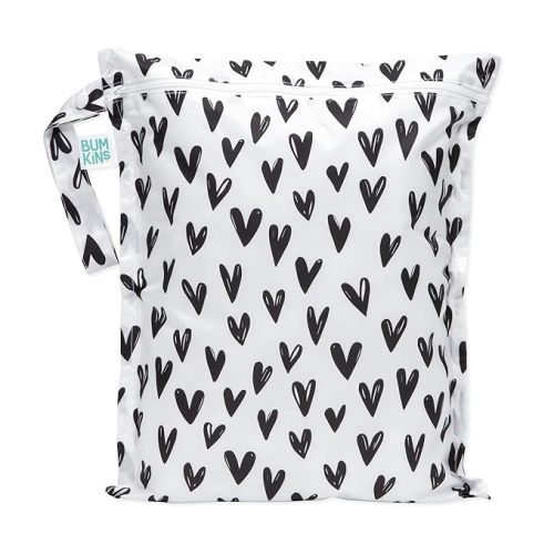 Bumkins Waterproof Wet Bag for Baby, Travel, Swim Suit, Cloth Diapers, Pump Parts, Pool, Beach, Gym Clothes, Toiletry, Hook to Stroller, Daycare, Zipper Reusable Wetdry Packing Pouch, Black Hearts