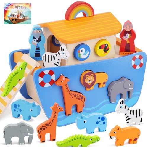 KMTJT Toddlers Wooden Noah's Ark Toy for 1 2 3 Boys Girls Baptism Gifts | Shape Sorter Montessori Learning Toys with Bible Story Book, Christian Easter Gifts for Baby 12-18 Months Christmas Birthday