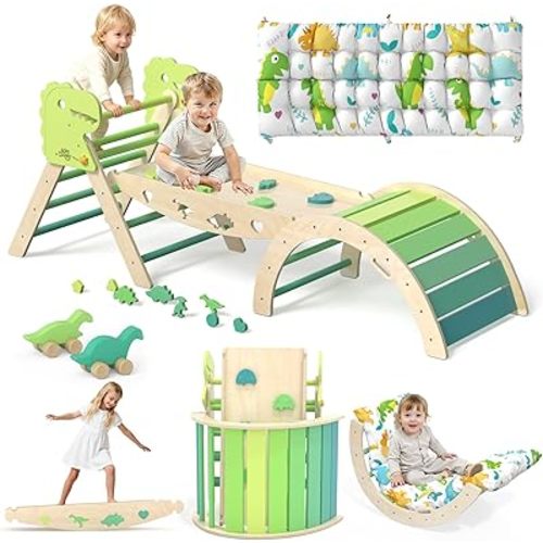Pikler Triangle Set with Cushion 9 in 1 Climbing Toys for Toddlers 1-3 Indoor Baby Climbing Gym Toddler Montessori Toys Wooden Toy with Maze Toy, Shape Sorter, Dinosaur Car