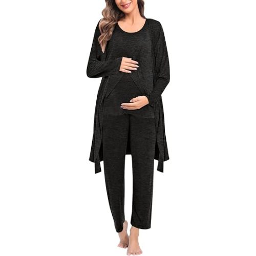 SWOMOG Maternity Nursing Robe Set 3 PCS Postpartum Breastfeeding Pajamas Hospital Pregnancy Pjs Double Layer Lounge Set