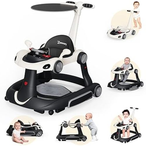 6 in 1 Foldable Baby Walker, Activity Baby Walker-Baby Bouncer, Rocker, Activity Center,Push Walker,Detachable Trampoline Mat, Adjustable Speed Rear Wheels and Height,Music & Lights,Ages 6-18 Months