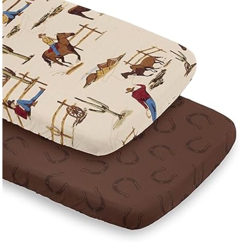 Sweet Jojo Designs 2-Piece Baby Bassinet Sheets Set (Tan Brown Western Cowboy) for Boys, Infant Newborn Nursery, Oval, Rectangle & Hourglass Mattress (Horseshoe Print & Wild West Southern Charm Horse)
