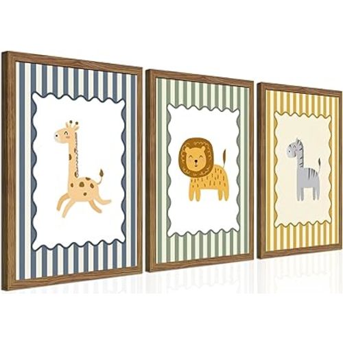Framed Funny Animal Wall Art Set of 3, Cute Giraffe Lion Zebra Canvas Prints, Pastel Striped Cartoon Animals Artwork, Modern Boho Wall Decor for Nursery Playroom Toddler Room, 12x16in