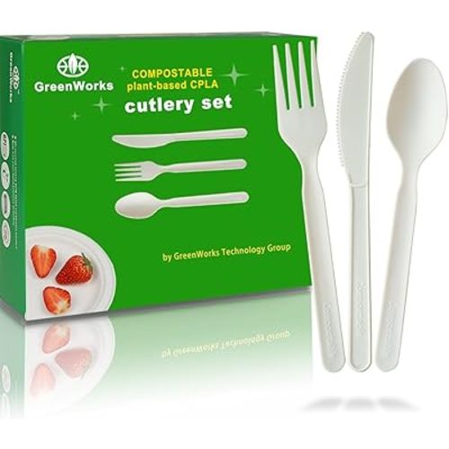 GreenWorks 150 Count 7" Heavy-duty Compostable Utensils,50 Forks 50 Spoons 50 Knives Cutlery Set,BPI Certified Large Disposable Flatware Set