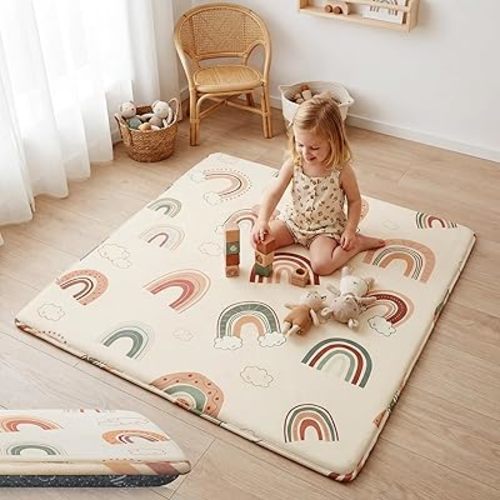 1.5" Thick Premium Baby Floor Play Mat, 50x50 Memory Foam Mat, Tummy Time Crawling Playmat for Nursery Playroom Classroom, Rainbow