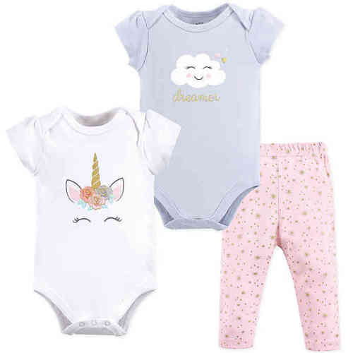 Little Treasure Size 3-6M 3-Piece Unicorn Bodysuit and Pant Set in Grey