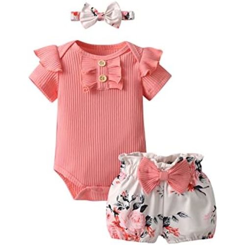 Infant Baby Girls Summer Clothes Romper Newborn Solid Ruffle Short Sleeve Floral Shorts Headband 3pcs Outfit Set
