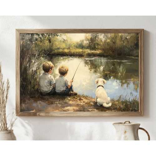 Best Friend's Digital Artwork | Beautiful Vintage Style, Brother's Oil Painting, Digital Downloaded Art, Just Fishing Artwork, Brother's
