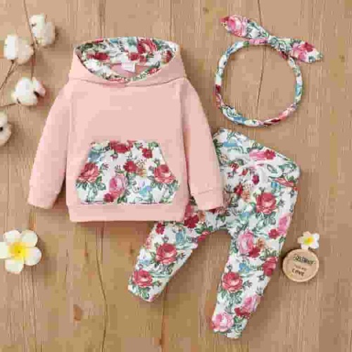 PatPat Baby Clothes for Girls Long-sleeve Floral Hoodie Pants and Headband Set,0-3 Months